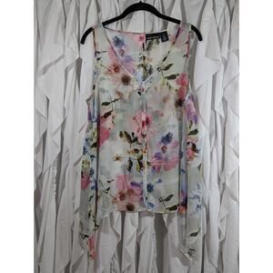 DKNY Jeans Sheer Floral V-Neck Shark Bite Hem Top L Boho Whimsigoth Keyhole